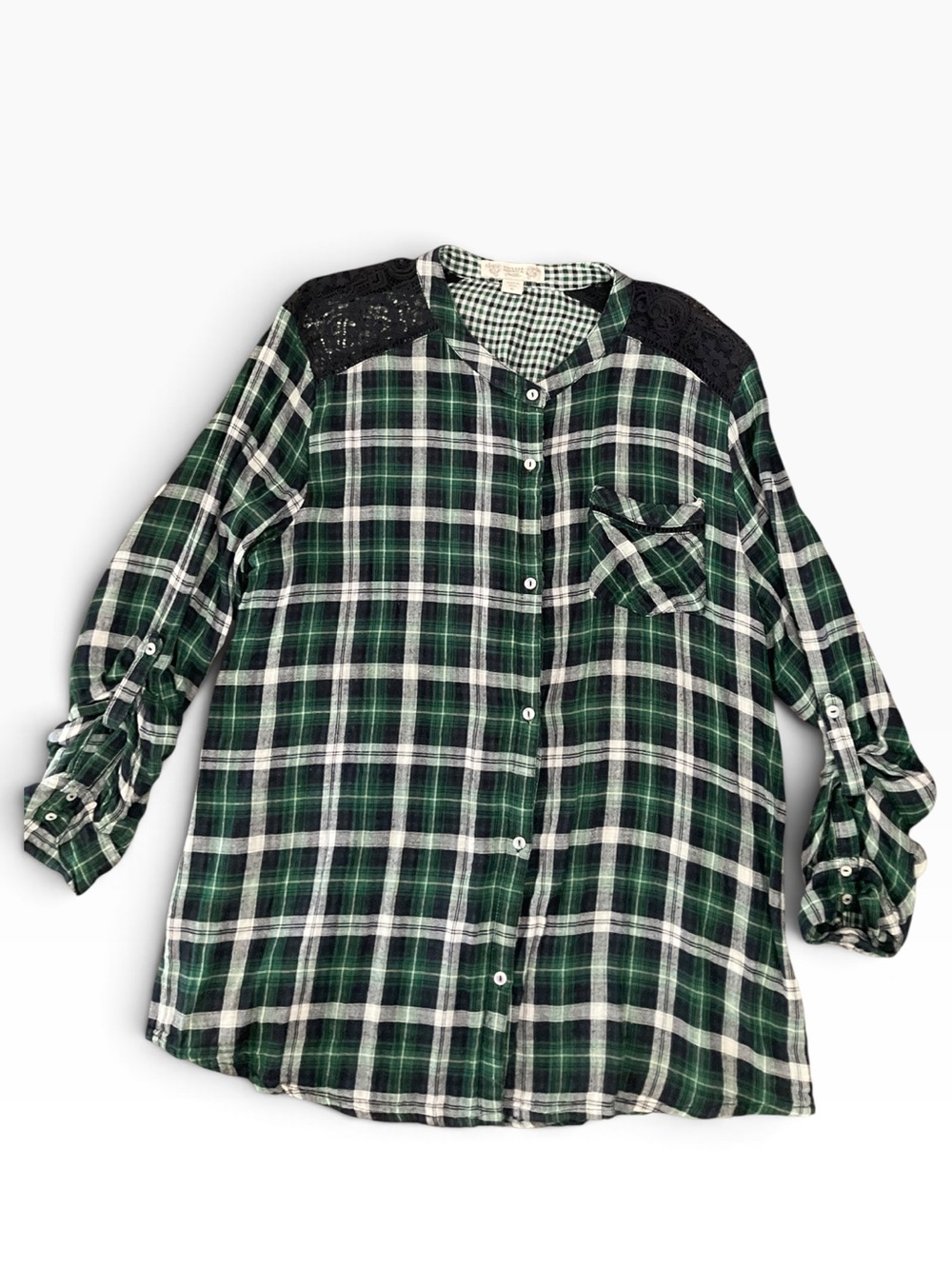 Vintage America Women’s Green White Plaid Button Up Shirt with Black Lace Sz XL